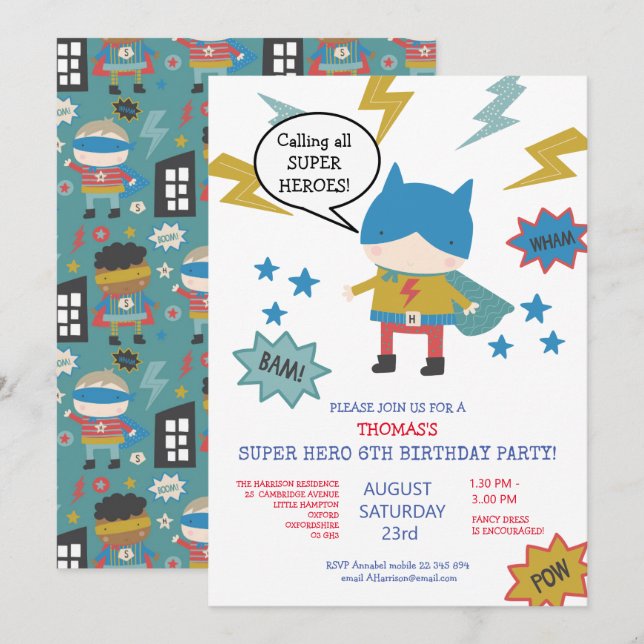 Super héros thème Enfants Invitation de la fête de (Devant / Derrière)