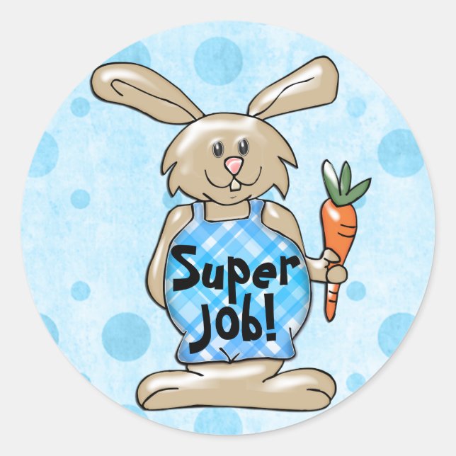 Super Job! Tan Bunny on Blue Round Reward Runder Aufkleber (Vorderseite)