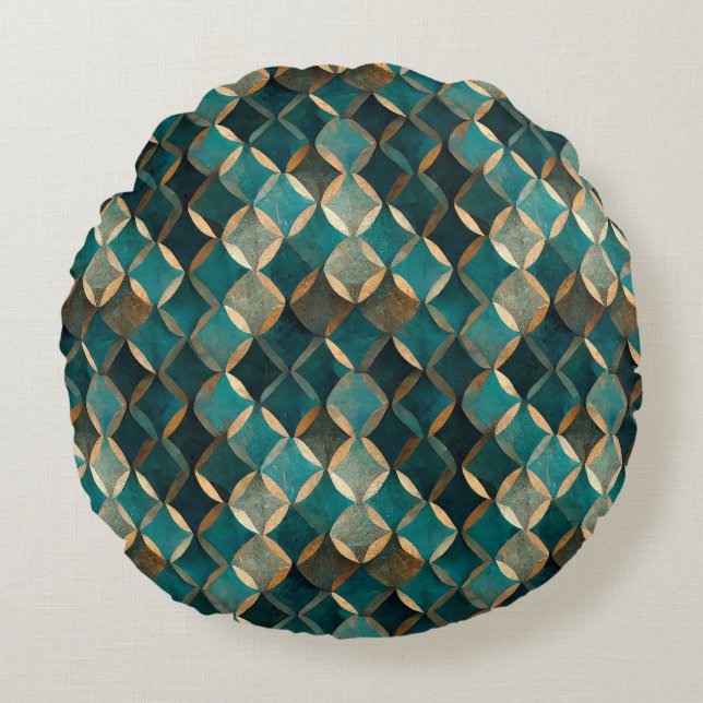 Super Luxe Aquamarin & Gold Rundes Kissen (Vorderseite)