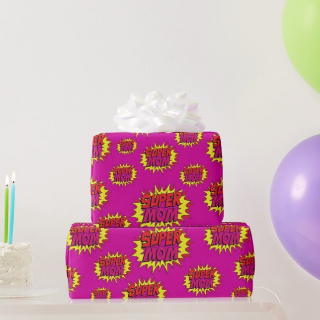 Super-Mama auf Fuchsia Geschenkpapier (Partygeschenke)