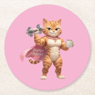 Super-Mama-Gym-Katze-Runduntersetzer Runder Pappuntersetzer