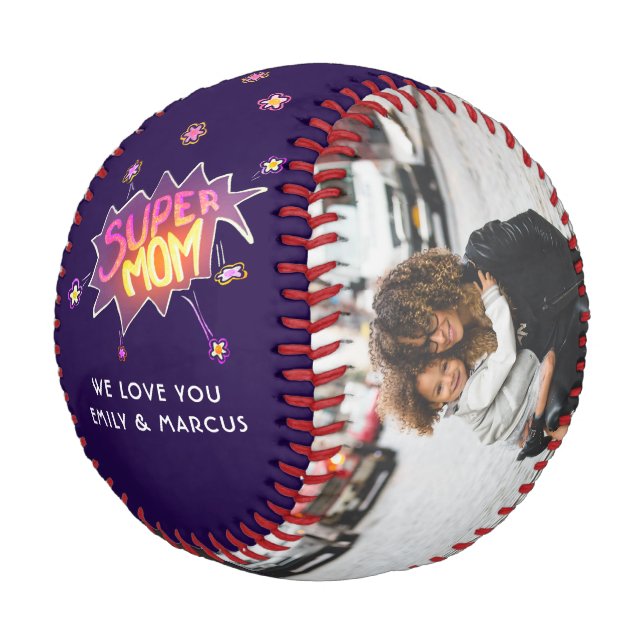 Super Mama Handschrift Lila Keepake Foto Baseball (Schrägansicht)