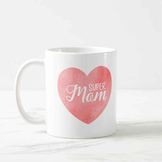 Super Mama im rosa Aquarellherz, Muttertag Kaffeetasse (Links)