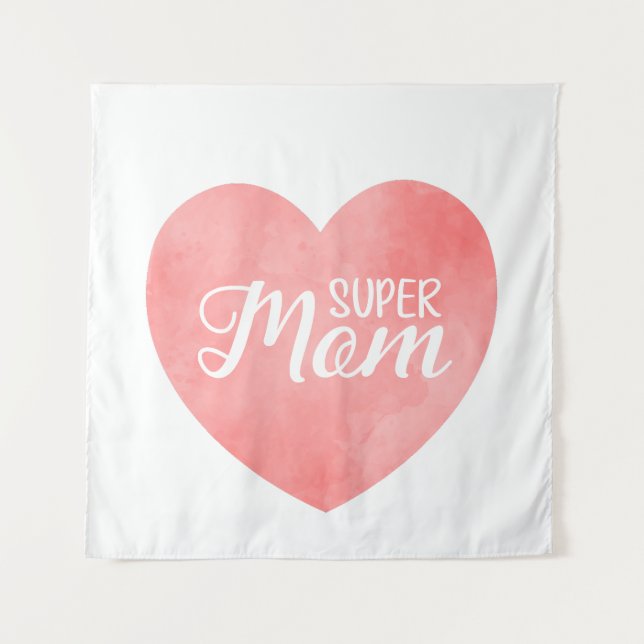 Super Mama im rosa Aquarellherz, Muttertag Wandteppich (Vorderseite)