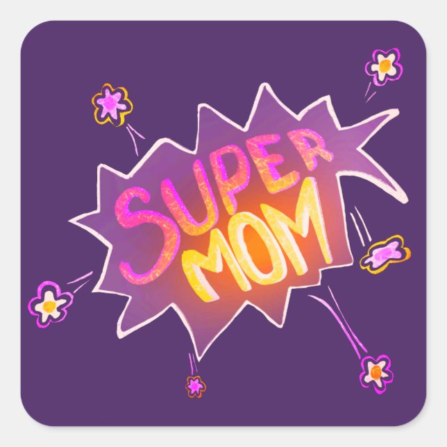 Super Mama Rosa Neon Blume Comic Blase Quadratischer Aufkleber (Vorderseite)