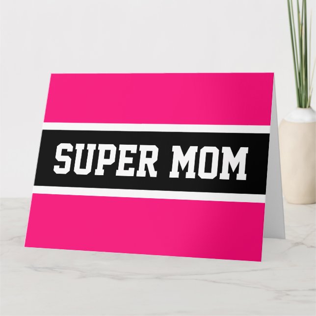 SUPER MAMA Sporty Fun Bright Pink Black Stripes Karte (Vorderseite)