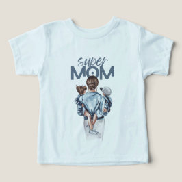 Super Mom Blue Watercolor Mother and Children Art