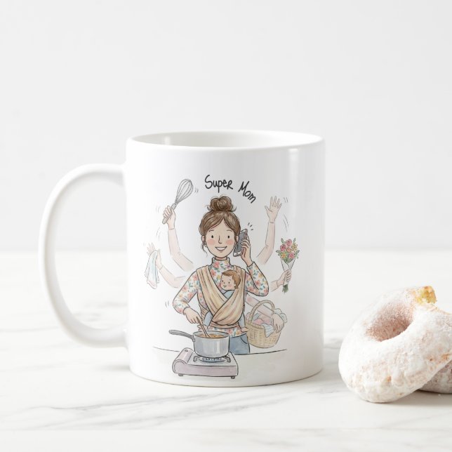Super Mom Multitasking Illustration Mug | Cute Mug (Avec donut)