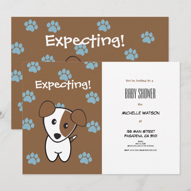 Super Niedlich Brown and Blue Terrier Baby Dusche Einladung (Vorne/Hinten)
