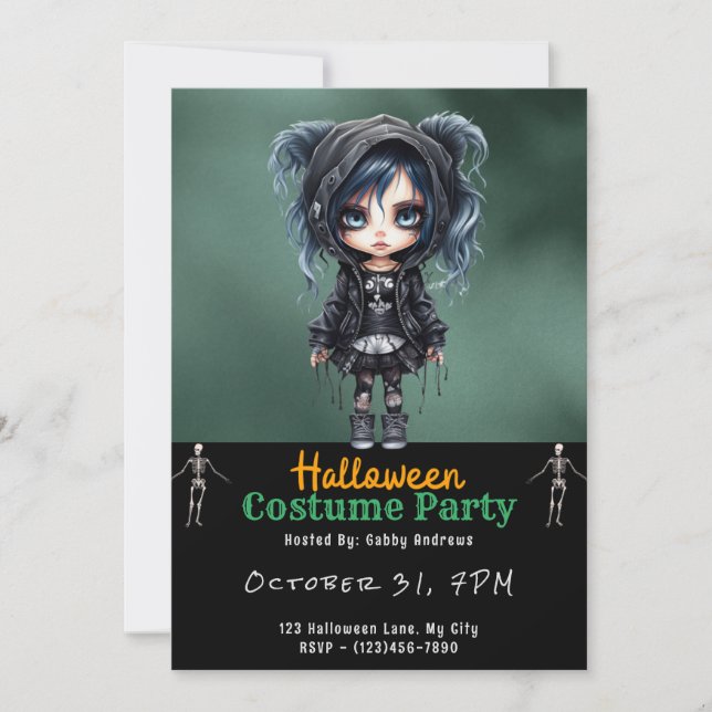 Super Niedlich Gothic Girl Black Halloween Einladung (Vorderseite)
