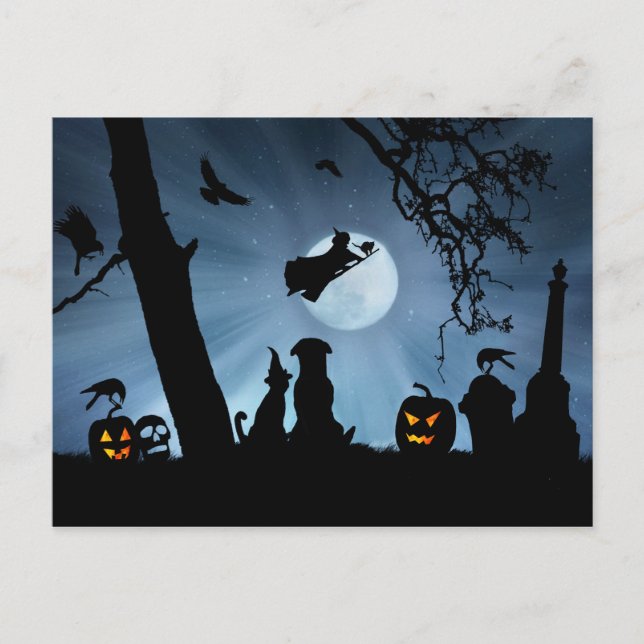 Super Niedlich Hexe und Katze und Hund Halloween Postkarte (Vorderseite)