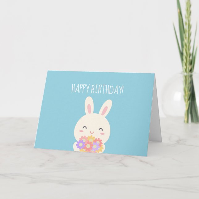 Super Niedlich Kawaii Bunny & Blume Happy Birthday Karte (Vorderseite)