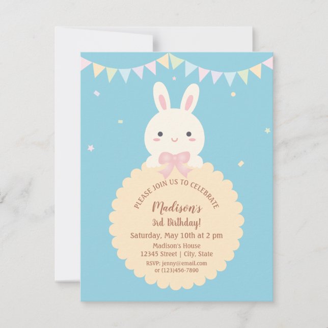 Super Niedlich Kawaii Rabbit Baby Blue Kindergebur Einladung (Vorderseite)