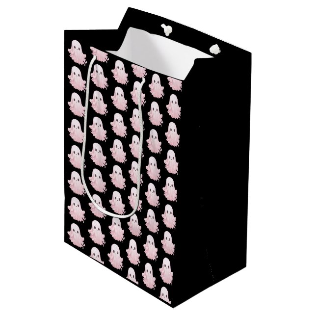 Super Niedlich Pink Ghost Pattern Halloween Mittlere Geschenktüte (Vorderseite Schrägansicht)