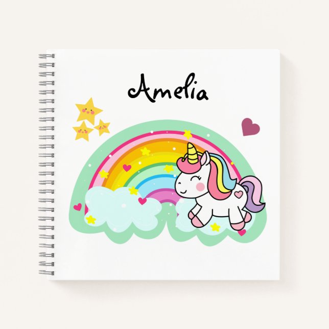 Super Niedlich Unicorn und Rainbow Personalisiert Notizbuch (Vorderseite)