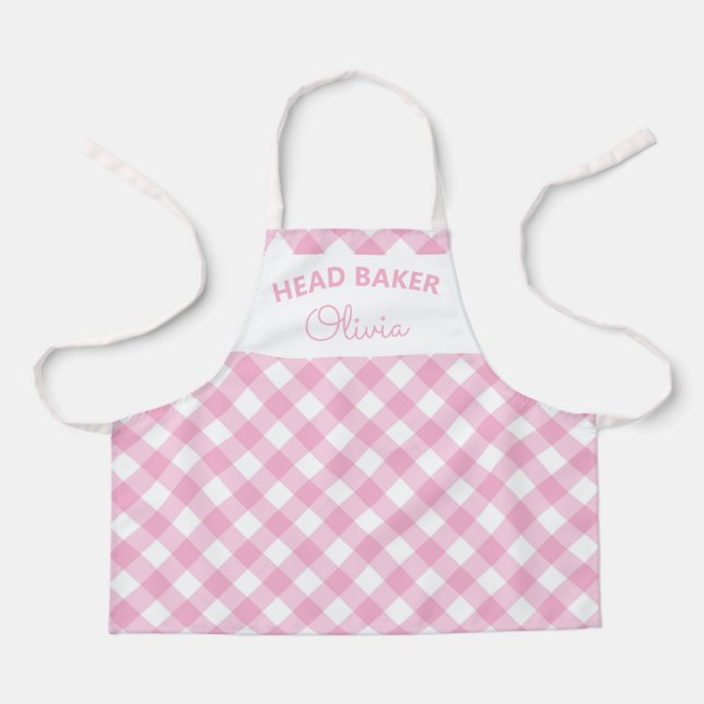 Super Niedlicher Head Baker Pink Gingham Name Schürze (Vorderseite)