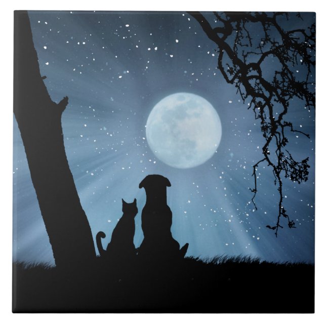 Super niedlicher Hund und Katze mit Moon Art Fliese (Vorderseite)