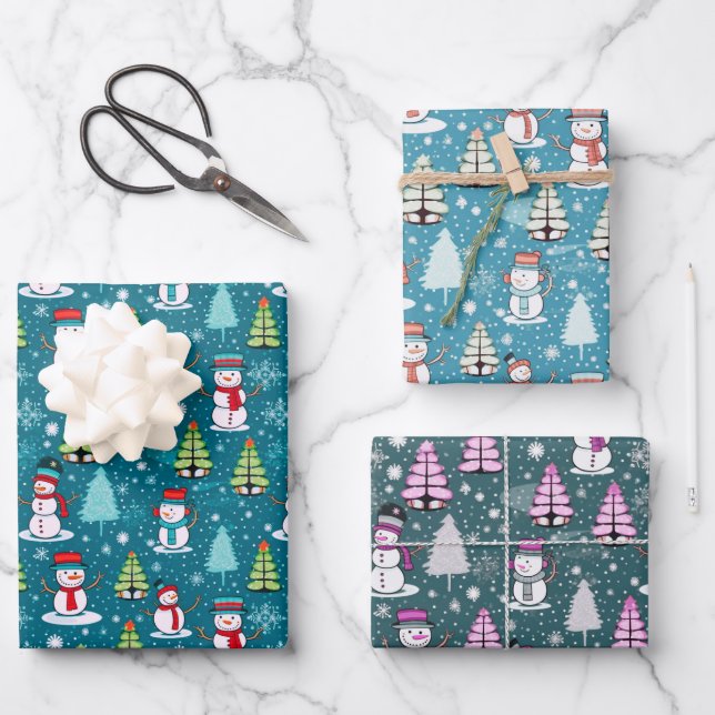 Super Niedlicher Schneemann und Weihnachtsbaumen W Geschenkpapier Set (Vorderseite)