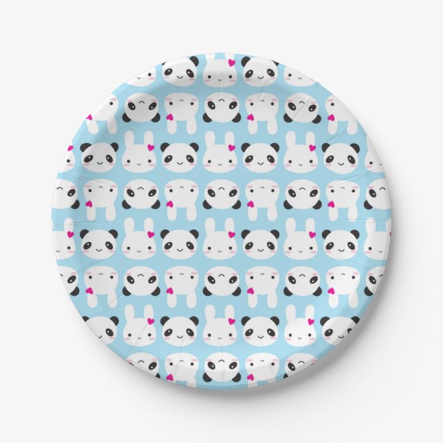 Super niedliches Kawaii Häschen und Panda Pappteller (Vorderseite)