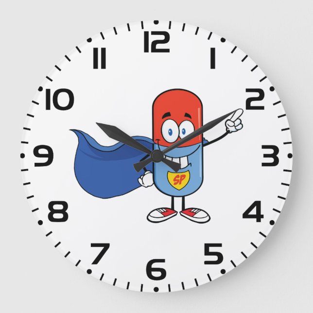 Super Pill Cartoon Hero Character Große Wanduhr (Vorderseite)