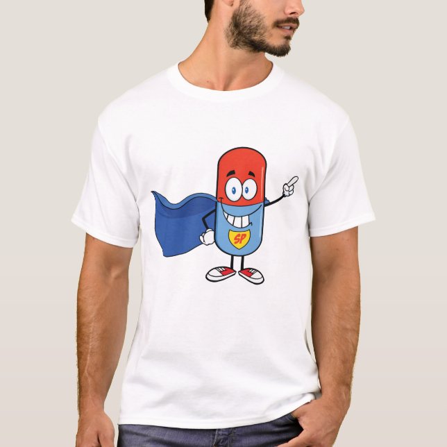Super Pill Cartoon Hero Character T-Shirt (Vorderseite)