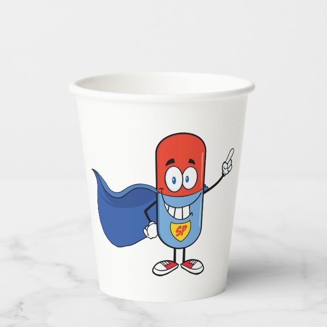 Super-Pillen-Comic-Held Charakter Pappbecher (Vorderseite)