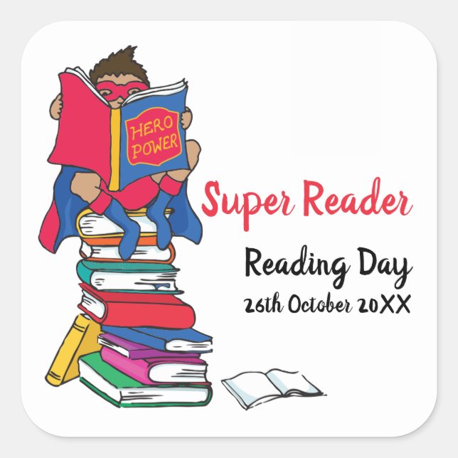 Super Reader Junge beim Lesen von Büchern Quadratischer Aufkleber (Vorderseite)