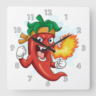 Super Red-Hot Cartoon Chili Pepper Quadratische Wanduhr
