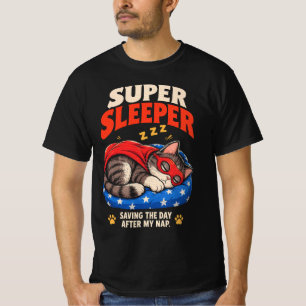 Super-Schläfer Lustiger Superheld-Katze rettet den T-Shirt