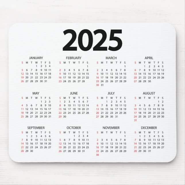 Super Simple 2025 White Background Calendar Mousepad (Vorne)