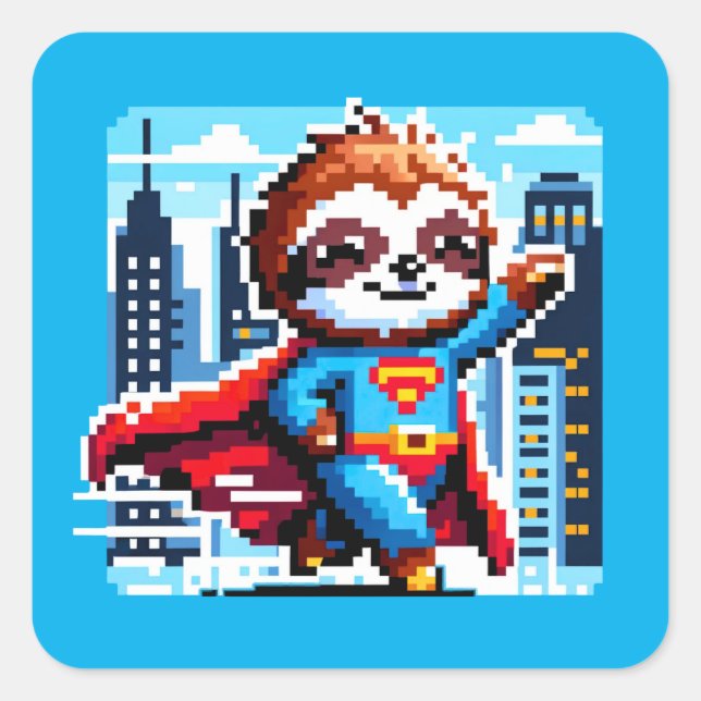 Super Sloth Funny Pixel Art Hero CityScape Design Quadratischer Aufkleber (Vorderseite)