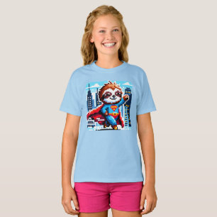 Super Sloth Funny Pixel Art Hero CityScape Design T-Shirt