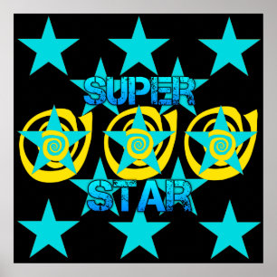 Super Star Aquamarin Yellow Wirbel Stars Pattern Poster
