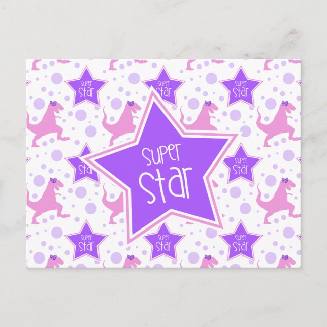 Super Star Dinosaurier Postkarte in Lila und rosa (Vorderseite)