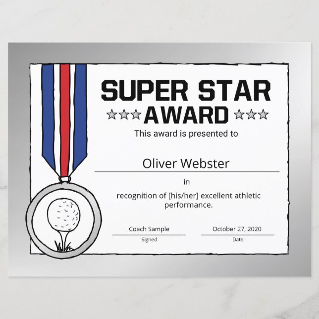 Super Star Golf Player Award Golf Zertifikat (Vorderseite)