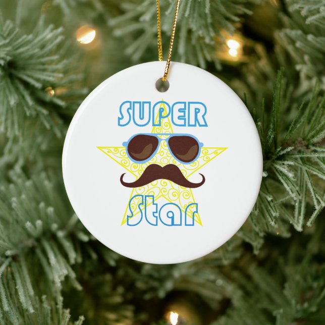 Super Star with sunglasses and mustache Keramik Ornament (Baum)