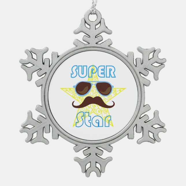 Super Star with sunglasses and mustache Schneeflocken Zinn-Ornament (Vorderseite)