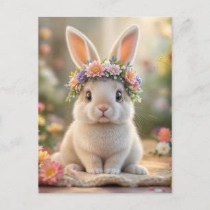 Super süßes Kaninchen mit einem Blumenkranz auf de Feiertagspostkarte