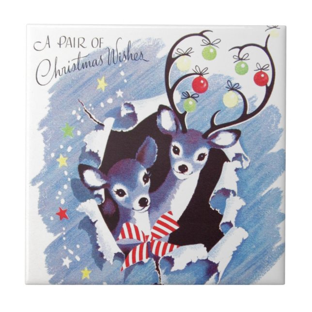 Super süßes Vintages blaues Ren-Weihnachten Fliese (Vorderseite)