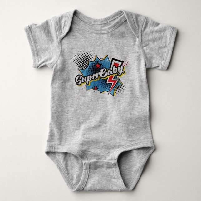 SuperBABY Superheld-Comic-Karosseriegeschenk GRAY Baby Strampler (Vorderseite)