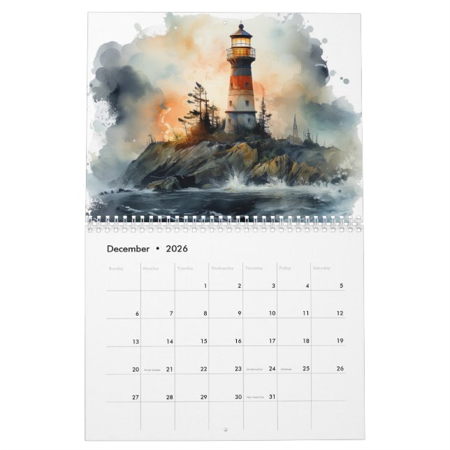 Superbe aquarelle phare 12 mois Calendrier (Dec 2026)