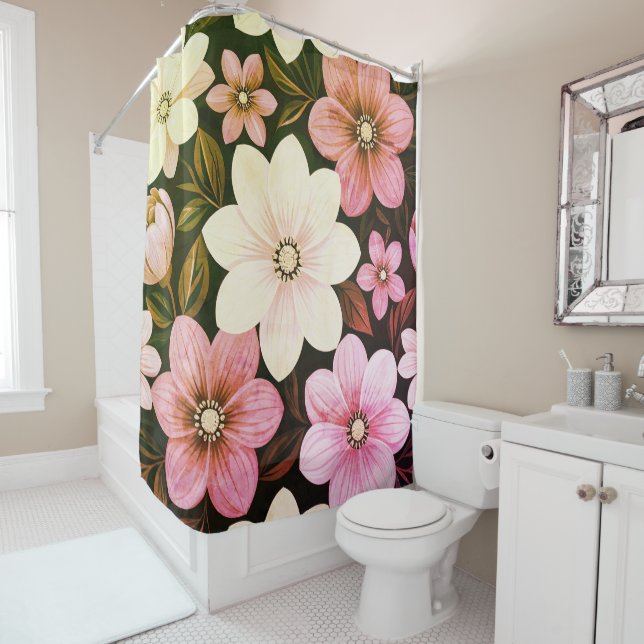 Superbe rideau de douche fleuri (En situation)