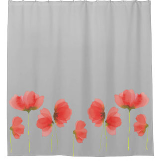 Superbe rideau de douche gris et rouge à fleurs