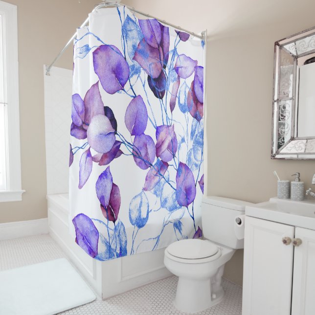 Superbe rideau de douche violet fleuri (En situation)
