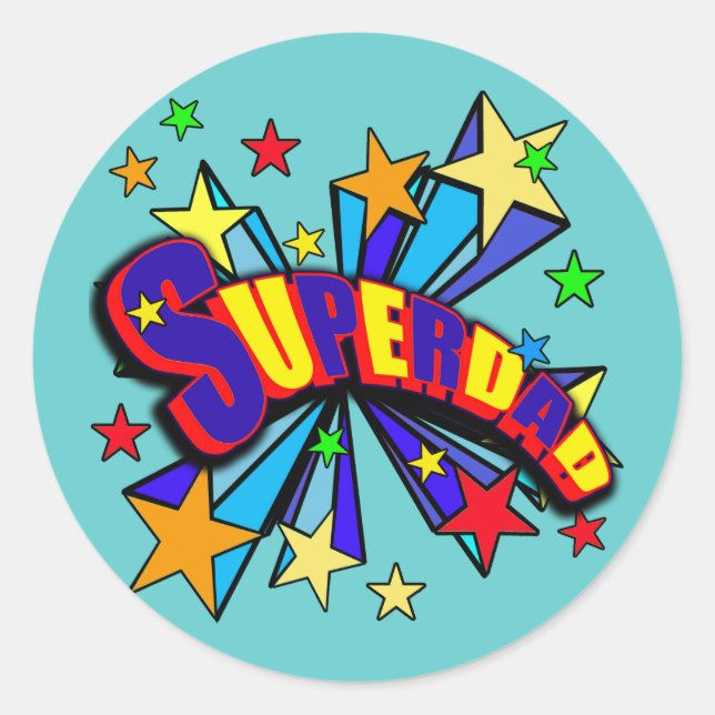 SuperDad! mit Sternen und Cartoon Design Runder Aufkleber (Vorderseite)