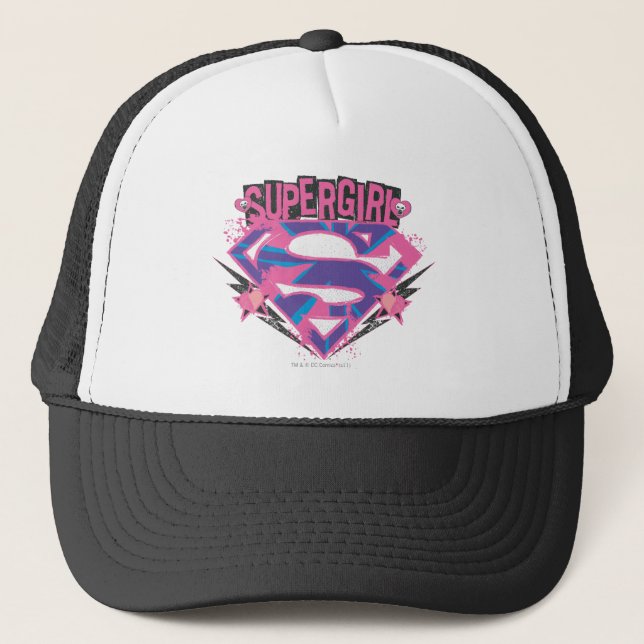 Supergirl Pink und Lila Grunge Logo Truckerkappe (Vorderseite)