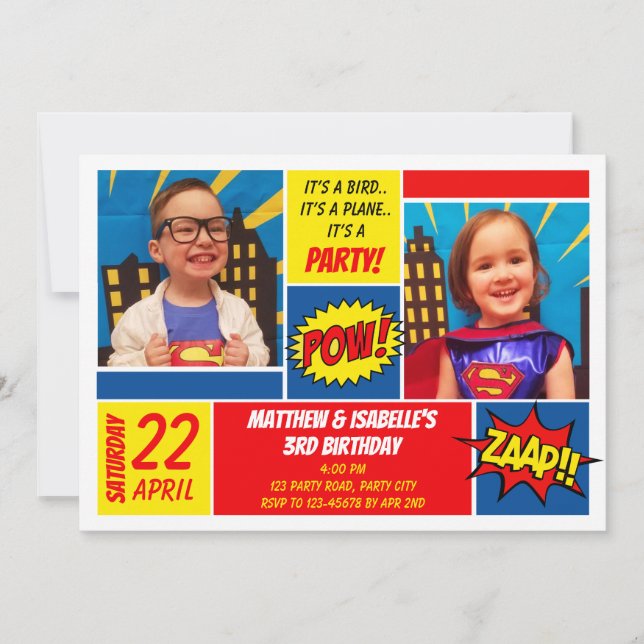 Superheld Birthday Invitation (Twins) Einladung (Vorderseite)