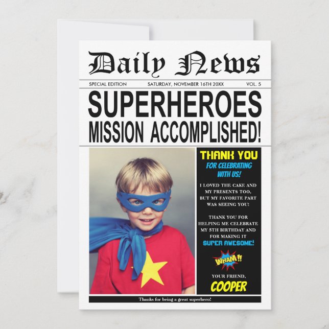 Superheld Birthday Party Super Hero Foto Dankeskarte (Vorderseite)