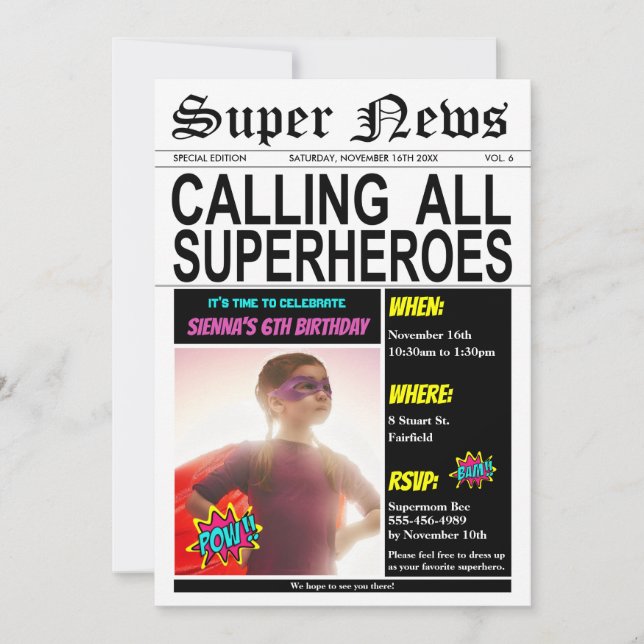 Superheld Birthday Party Super Hero Girl Foto Einladung (Vorderseite)