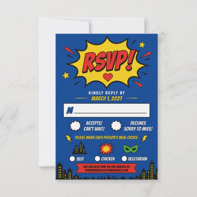 Superheld Comic Hell Leuchtende Hochzeit RSVP Karte (Vorderseite)